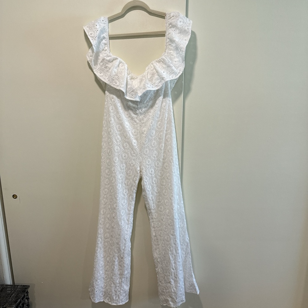 Line & Dot White Ruffle Eyelet Off the Shoulder Jumpsuit